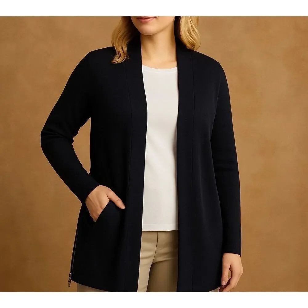 Talbots woman navy ribbed longline cardigan sweater side zipper size XL